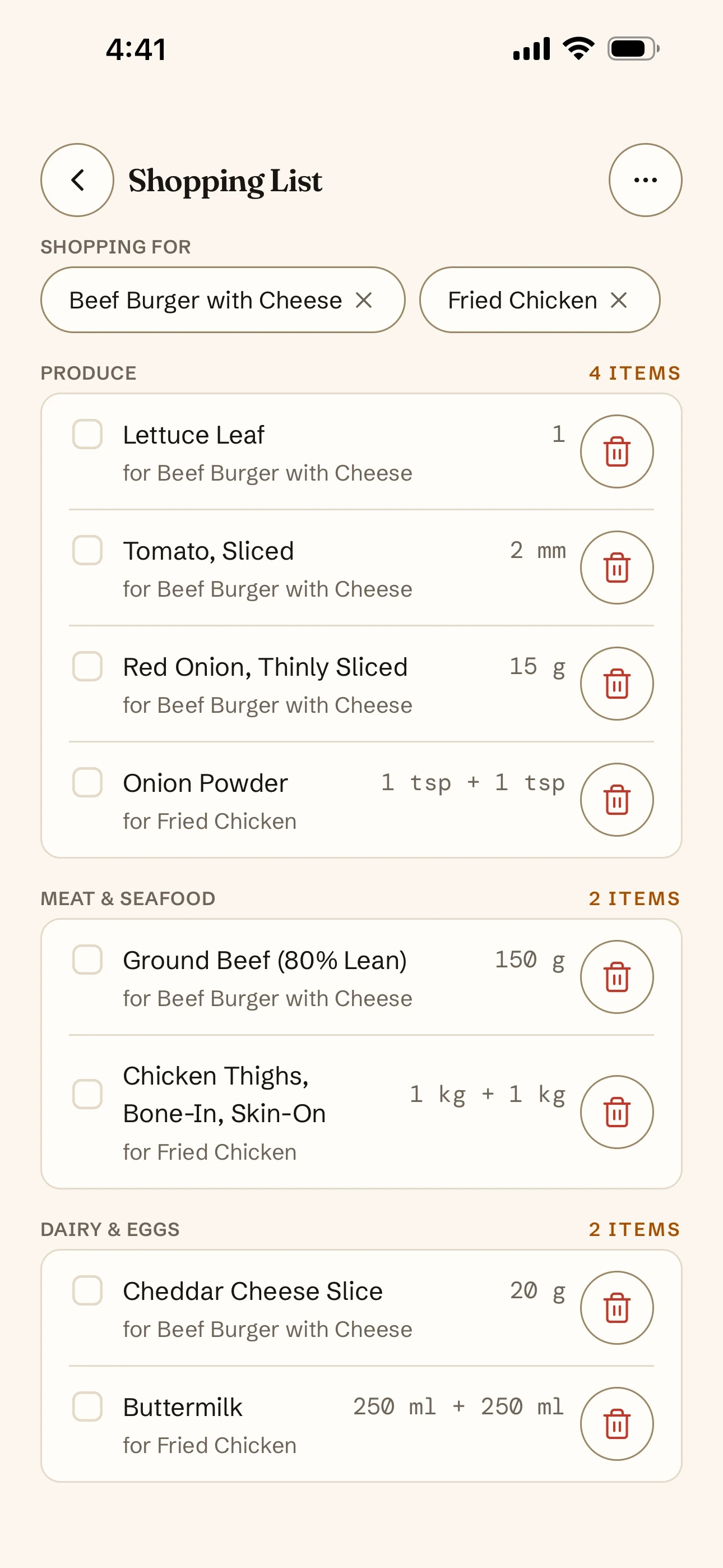 Shopping list grouped by aisle