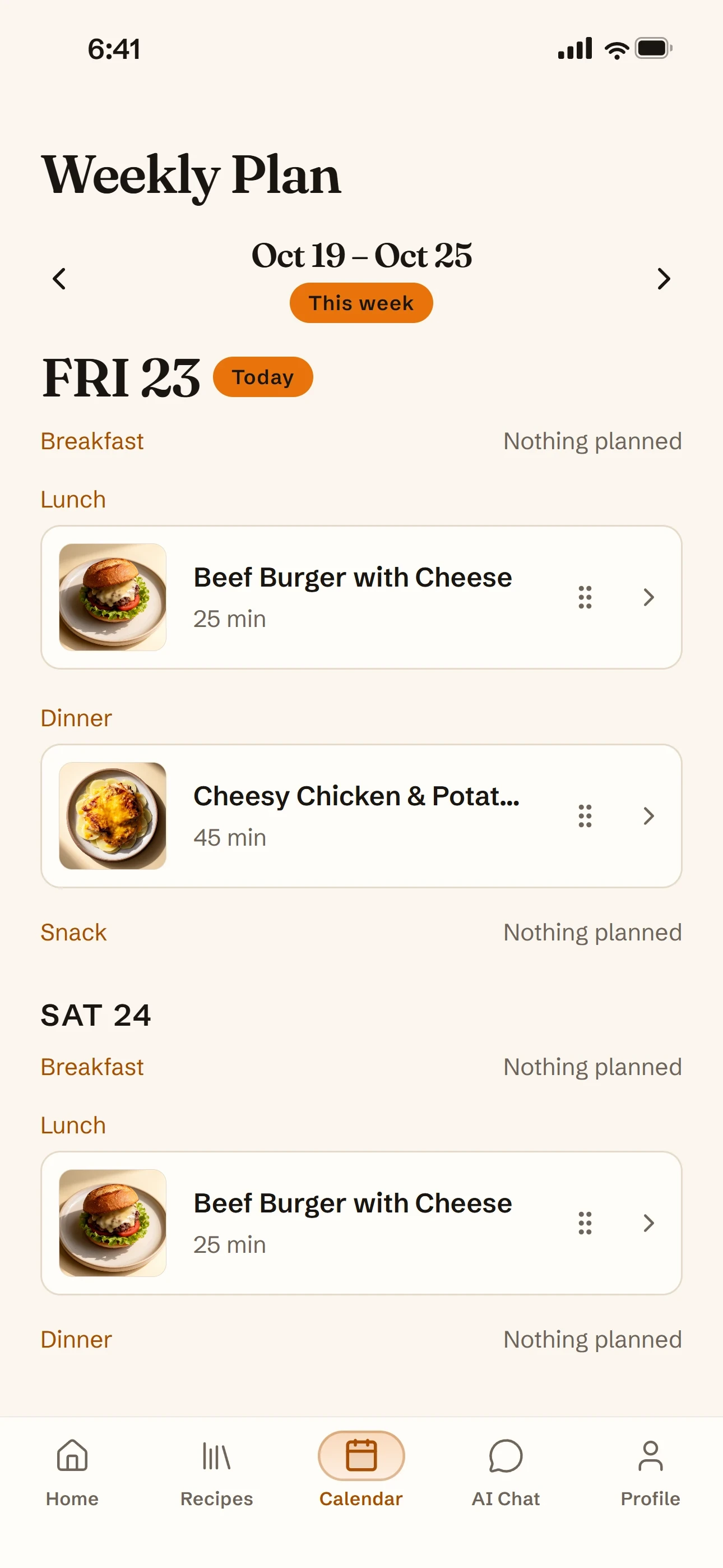Weekly meal calendar