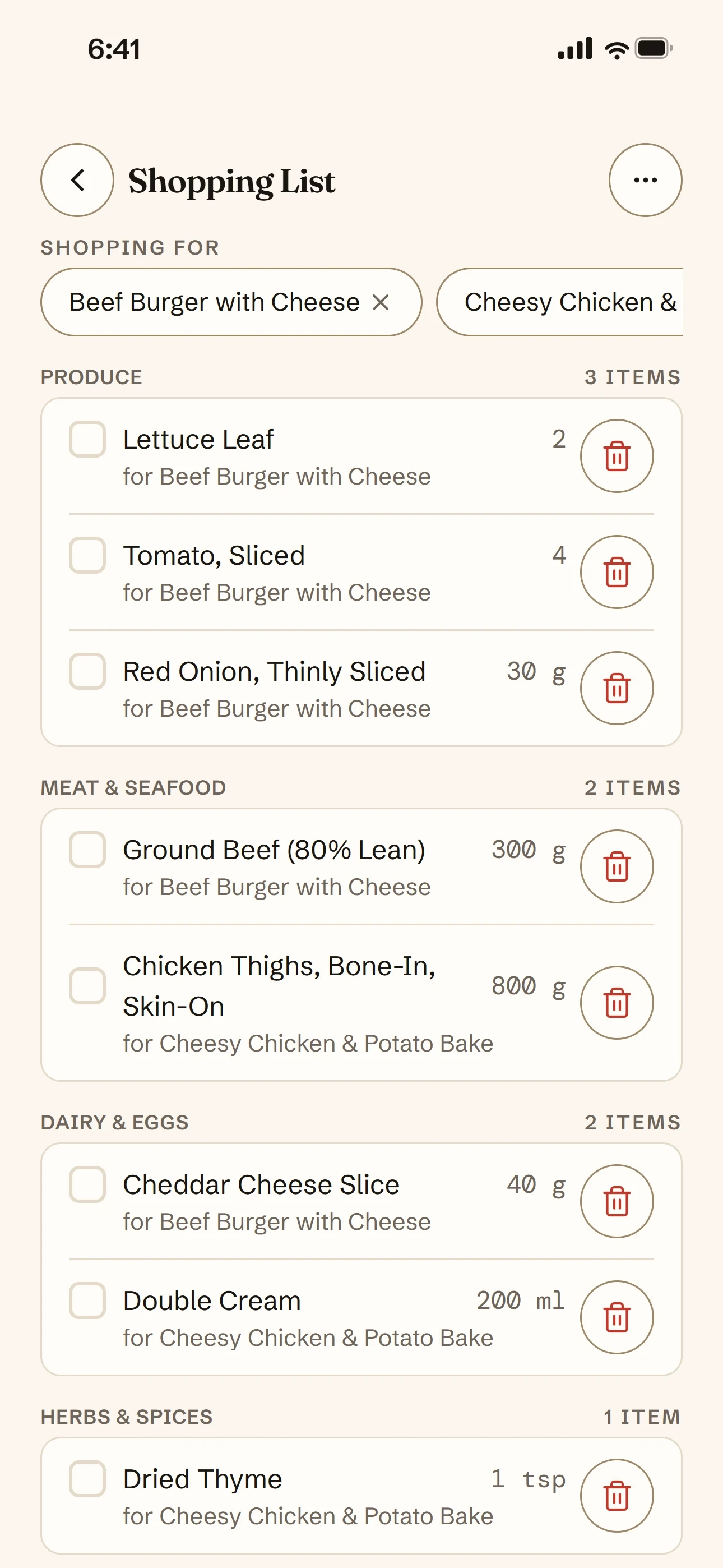 Shopping list grouped by aisle